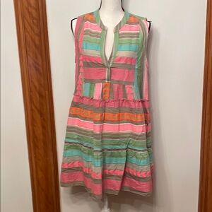 Elan Aztec Tiered Sleeveless Neon Pink and Green Sleeveless V-Neck Sundress